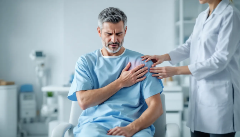 Doctor checking patients shoulder pain