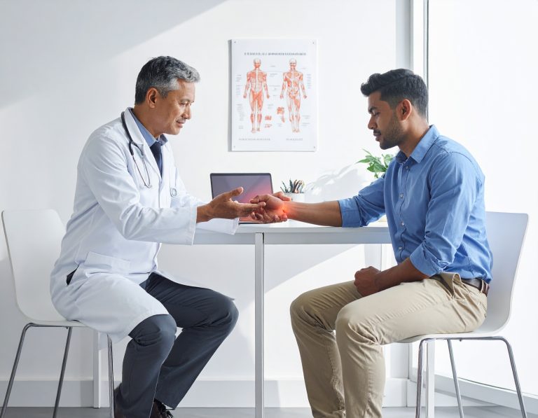 Doctor checking patients hand pain