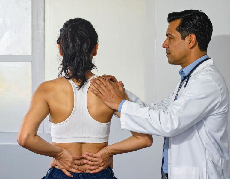 Doctor checking patients shoulder pain